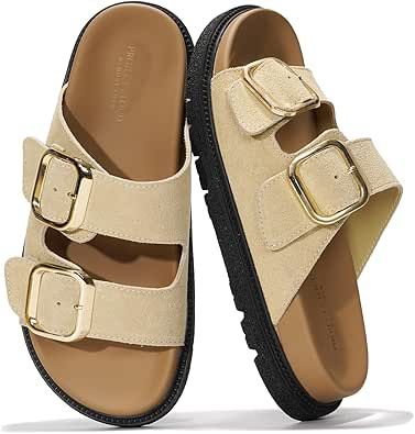 Chic Comfort 100% Genuine Leather Double-Buckle Platform Slides