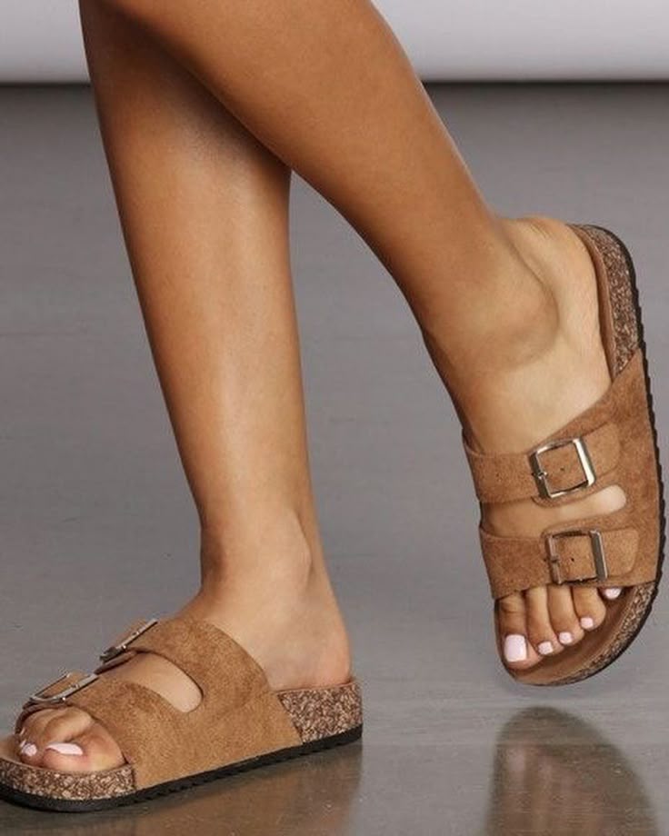 Chic Comfort 100% Genuine Leather Double-Buckle Platform Slides